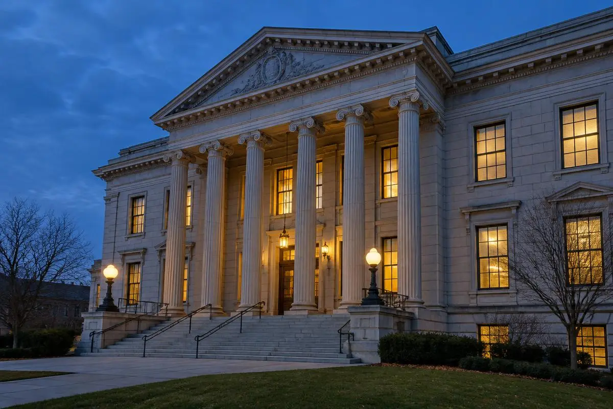 A classical New York government building at dusk