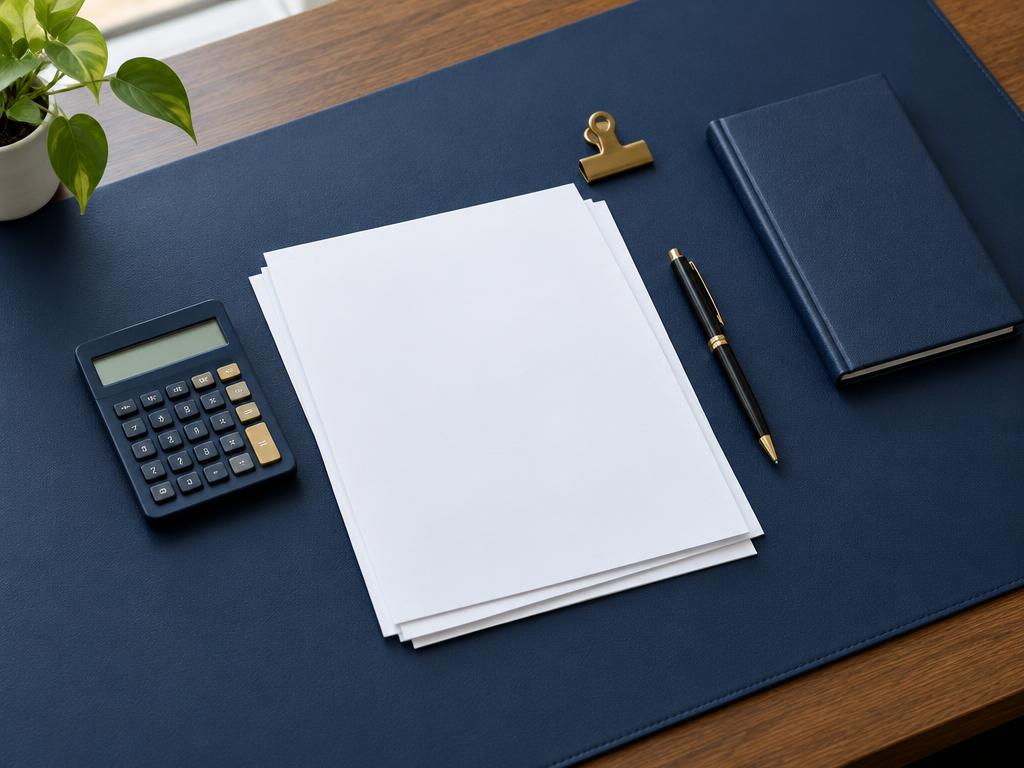 A calculator, documents, pen and ledger for reviewing notary fees