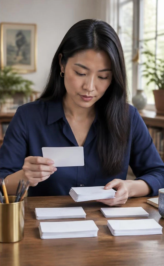 An adult reviewing study flashcards