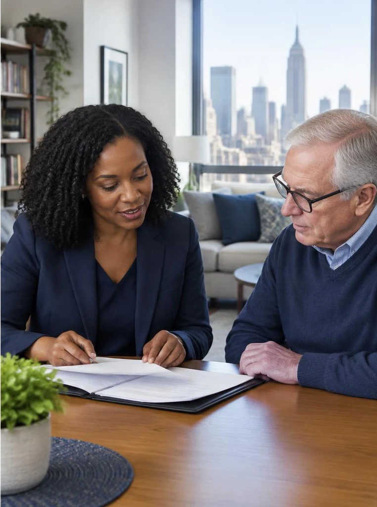 A professional reviewing documents with an older client at home