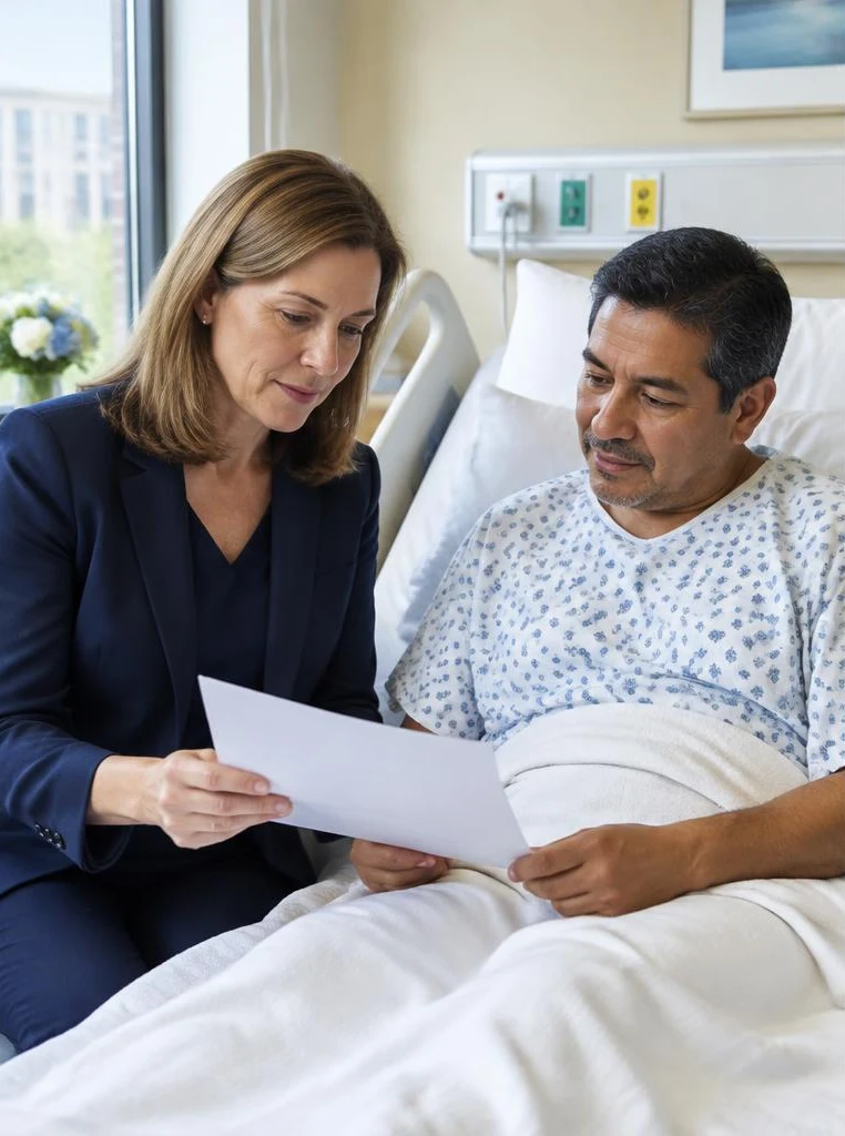 A professional respectfully reviewing a document with an alert hospital patient