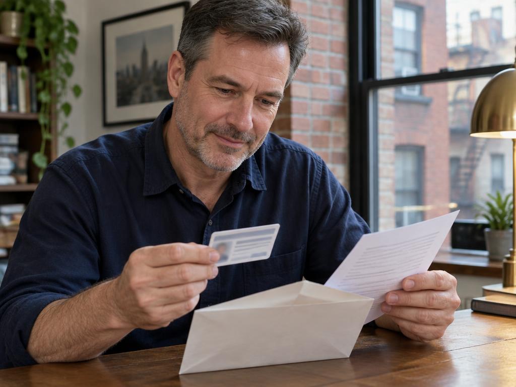 Illustration of a newly commissioned notary reviewing an identification card and notification