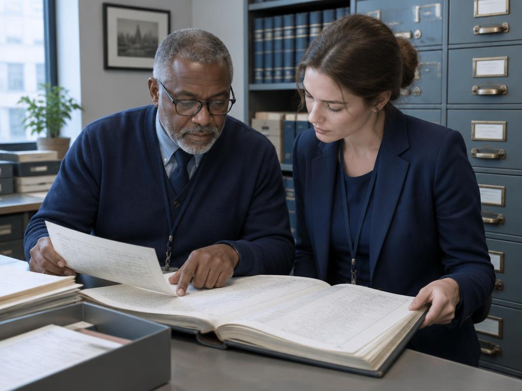 Illustration of county records staff indexing commission and signature records