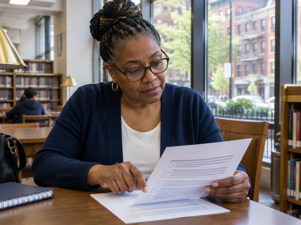 Illustration of a prospective New York notary checking eligibility requirements in a library
