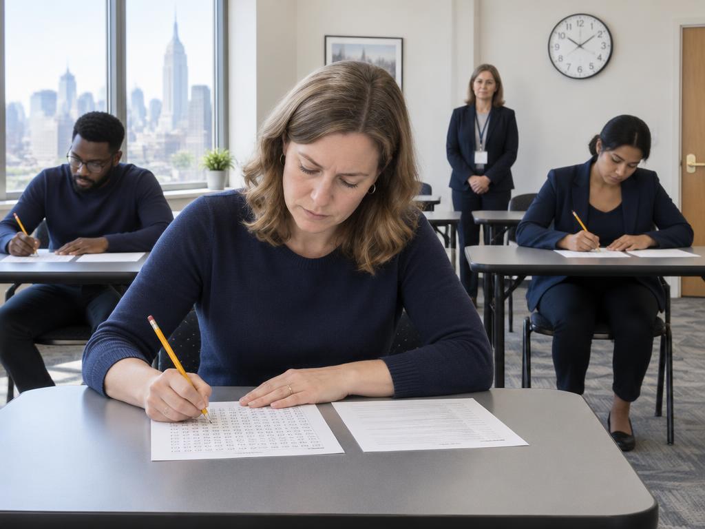 An exam room with paper answer sheets, pencils and a proctor