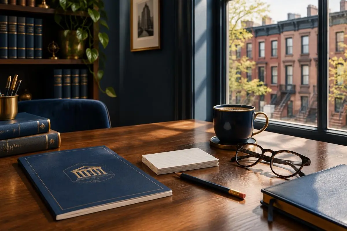 A study desk with the license law booklet, index cards and a pencil